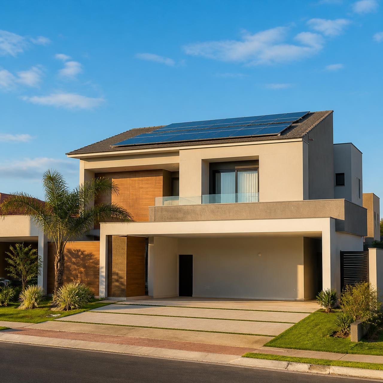 Residência com sistema de energia solar fotovoltaica instalado no telhado