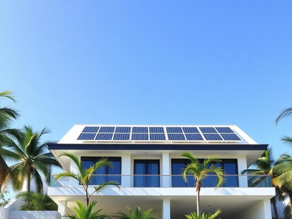 Sistema fotovoltaico instalado em telhado de residência, dimensionado conforme o consumo da família.