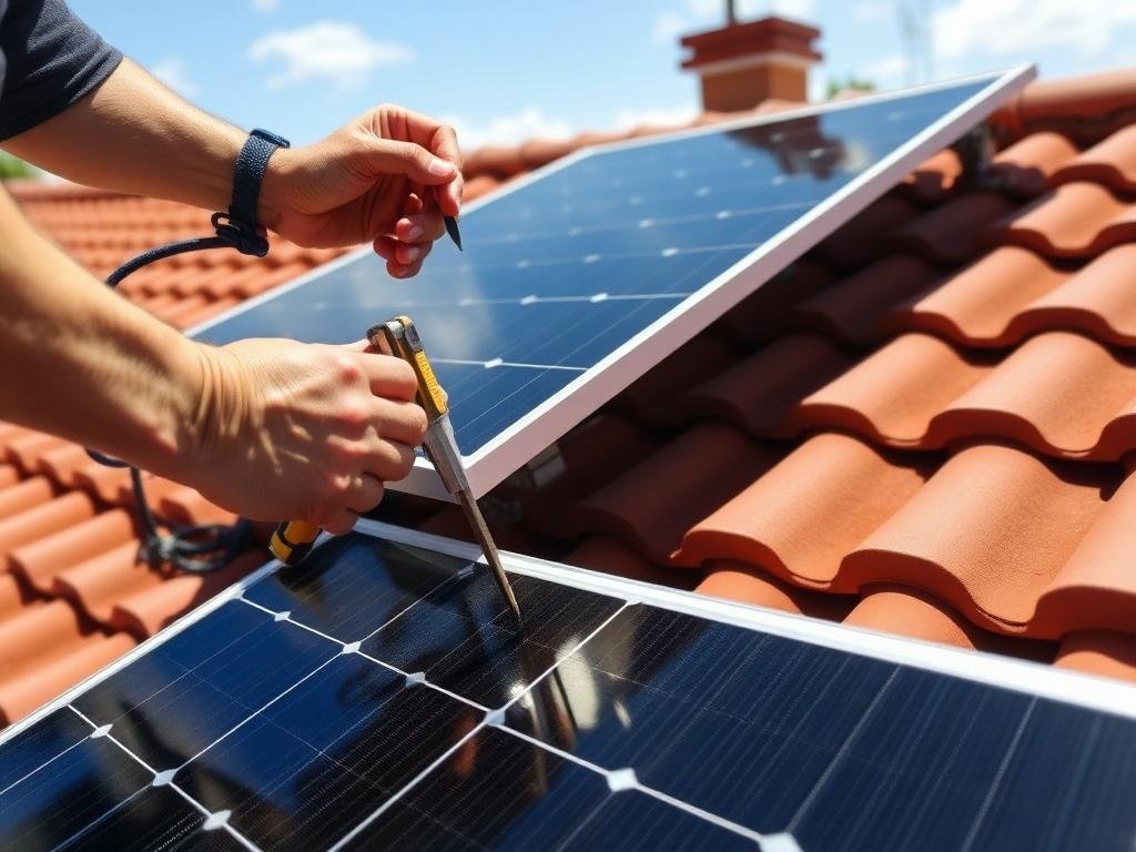 Fixação em telhado cerâmico com atenção à vedação e à segurança estrutural.