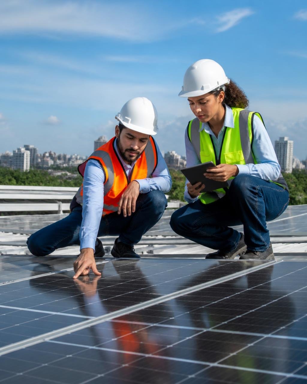 Profissionais de engenharia avaliando módulos fotovoltaicos instalados em uma cobertura